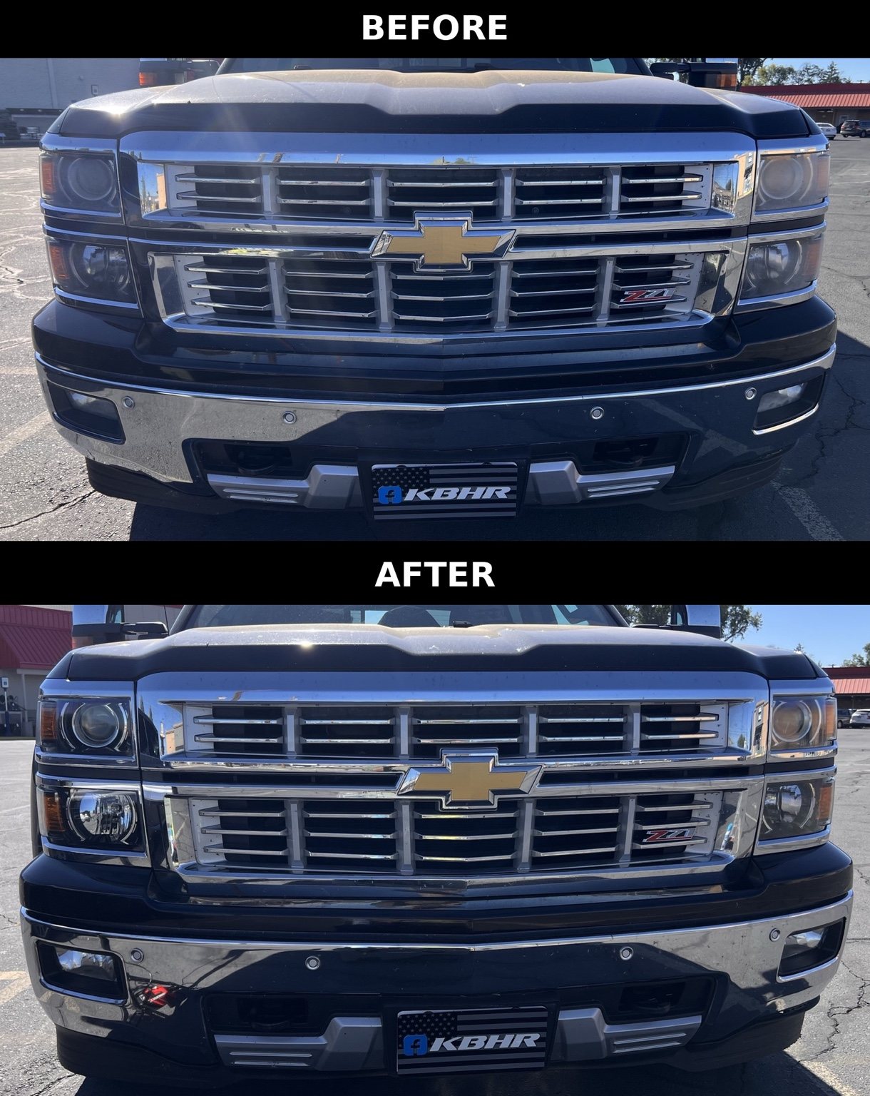 Chevrolet Silverado Z71 before and after KBHR headlight restoration